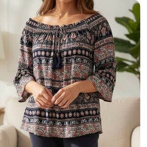 BAILEY & CHLOE Floral Print Peasant Boho Blouse, Women’s M, Navy Coral White